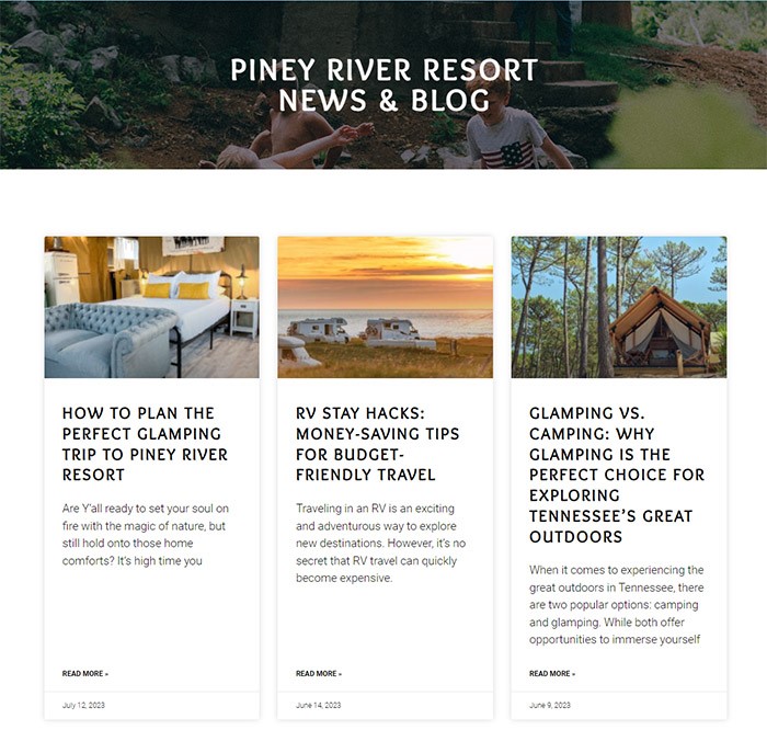 blog posts page of piney river rv resort