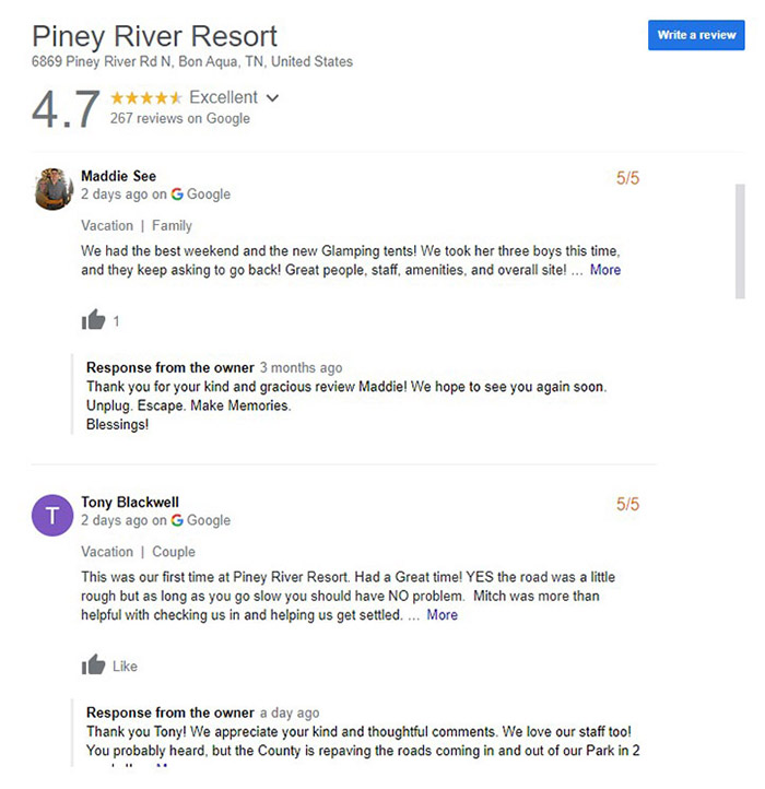 gbp reviews of piney river rv resort