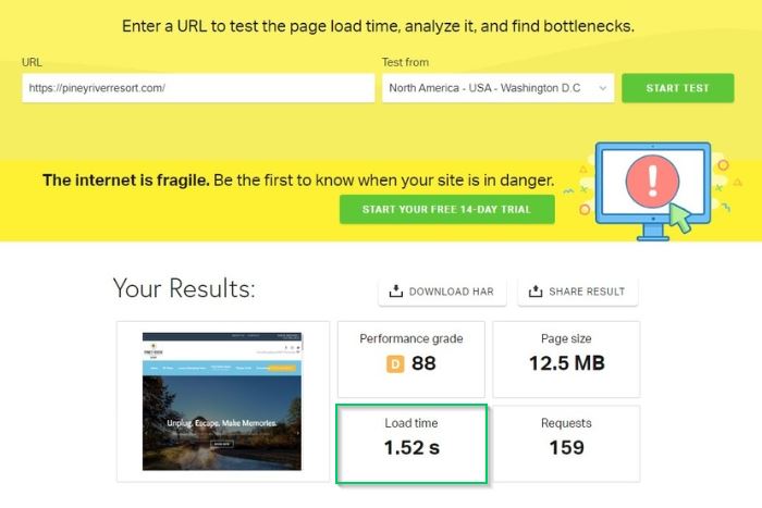 screenshot of a website load speed test